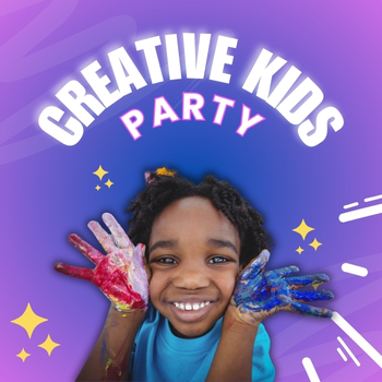 Creative Kids Party. Young child smiling with paint on their hands from making an art project